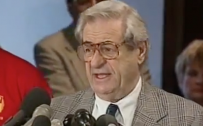 Bahr in 1998, after a successful strike by Communications Workers of America in the fallout of the split of AT&T and Bell Labs. (Screenshot from YouTube via JTA)