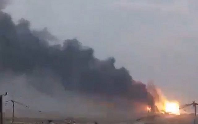 Explosions seen at a base south of Baghdad on August 12, 2019. (screen capture: Twitter)
