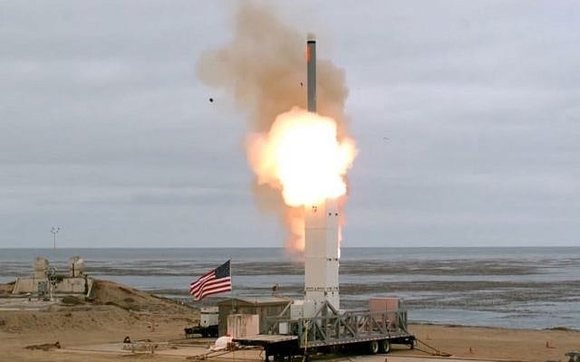 Illustrative: A test of a medium-range nuclear-capable cruise missile, launched from the US Navy-controlled San Nicolas Island, California, on August 18, 2019. (YouTube screen capture) Illustrative: A test of a medium-range nuclear-capable cruise missile, launched from the US Navy-controlled San Nicolas Island, California, on August 18, 2019. (YouTube screen capture)