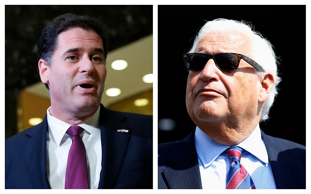 Left, Israeli Ambassador to the US, Ron Dermer (AP/Carolyn Kaster); right, US Ambassador to Israel, David Friedman (AP/Ariel Schalit). Left, Israeli Ambassador to the US, Ron Dermer (AP/Carolyn Kaster); right, US Ambassador to Israel, David Friedman (AP/Ariel Schalit).