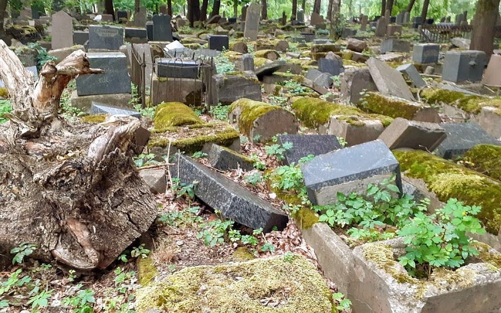 Smashed and dilapidated graves at the old Jewish cemetery in Kaunas, Lithuania, July 2019 (Raphael Ahren/TOI)
