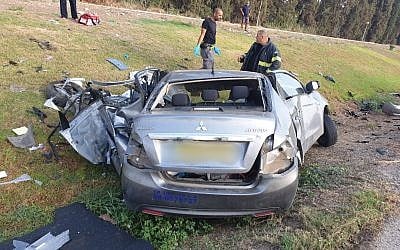 One of the vehicles involved in a fatal collision between two cars on Route 90, August 18, 2019. (Israel Police)