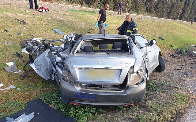 One of the vehicles involved in a fatal collision between two cars on Route 90, August 18, 2019. (Israel Police) One of the vehicles involved in a fatal collision between two cars on Route 90, August 18, 2019. (Israel Police)