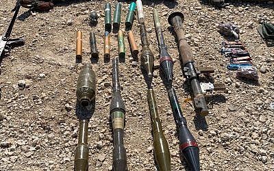 This photo shows RPGs and other weapons carried  by four Palestinians who attempted to infiltrate into Israel through the border fence with Gaza, August 10, 2019. (Israel Defense Forces)