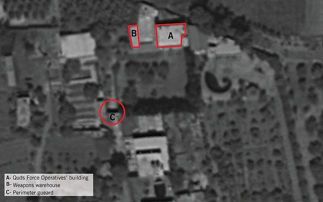 A satellite image showing a small base in the Syrian town of Aqrabah from which the Israeli military says Iran tried to launch explosive-laden drones into northern Israel from Syria in August 2019. (Israel Defense Forces) A satellite image showing a small base in the Syrian town of Aqrabah from which the Israeli military says Iran tried to launch explosive-laden drones into northern Israel from Syria in August 2019. (Israel Defense Forces)