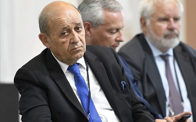 French Foreign Affairs Minister Jean-Yves Le Drian attends a French president's press conference in Biarritz, southwest France on August 26, 2019, on the third day of the annual G7 Summit attended by the leaders of the world's seven richest democracies, Britain, Canada, France, Germany, Italy, Japan and the United States. (Photo by Bertrand GUAY / AFP) French Foreign Affairs Minister Jean-Yves Le Drian attends a French president's press conference in Biarritz, southwest France on August 26, 2019, on the third day of the annual G7 Summit attended by the leaders of the world's seven richest democracies, Britain, Canada, France, Germany, Italy, Japan and the United States. (Photo by Bertrand GUAY / AFP)