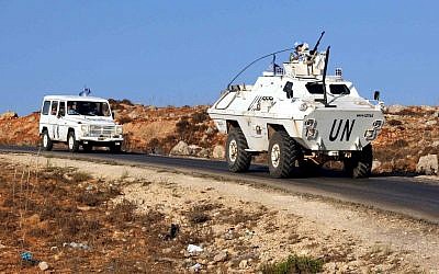 Vehicles of a convoy of United Nations Interim Forces in Lebanon (UNIFIL) on a road along the border between Lebanon and Israel near the southern Lebanese town of Kfar Kila on September 1, 2019. (Ali DIA / AFP)