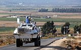 Vehicles belonging to UN peacekeepers drive along a road along the Israel-Lebanon border near the southern Lebanese town of Kfar Kila on September 1, 2019. (Ali Dia/AFP)