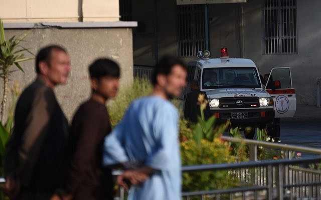 An ambulance is pictured outside Wazir Akbar Khan hospital as people wait after a massive explosion the night before in Kabul on September 3, 2019. (WAKIL KOHSAR / AFP) An ambulance is pictured outside Wazir Akbar Khan hospital as people wait after a massive explosion the night before in Kabul on September 3, 2019. (WAKIL KOHSAR / AFP)