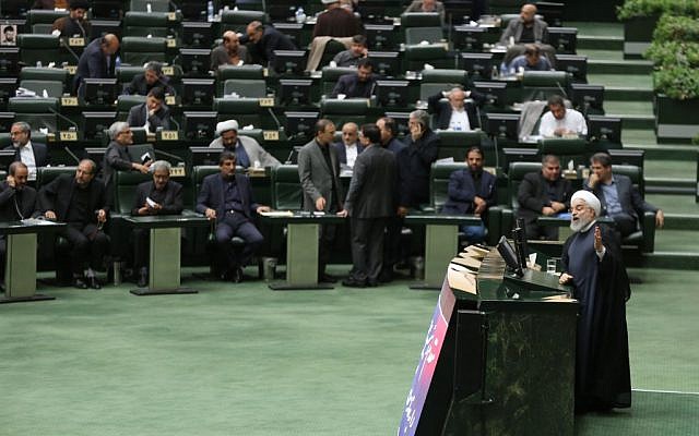 Iran's President Hassan Rouhani, right, speaks at parliament in the capital Tehran on September 3, 2019. (ATTA KENARE/AFP) Iran's President Hassan Rouhani, right, speaks at parliament in the capital Tehran on September 3, 2019. (ATTA KENARE/AFP)