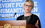 In this file photo taken on February 26, 2019 Swedish Foreign Minister Margot Wallstrom speaks during a press conference following a pledging conference for the humanitarian crisis in Yemen at the United Nations offices in Geneva. (Fabrice Coffrini/AFP)