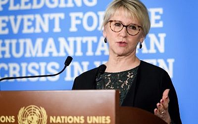 In this file photo taken on February 26, 2019 Swedish Foreign Minister Margot Wallstrom speaks during a press conference following a pledging conference for the humanitarian crisis in Yemen at the United Nations offices in Geneva. (Fabrice Coffrini/AFP)