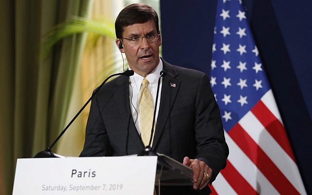 US Secretary of Defense Mark Esper (L) holds a press conference with his French counterpart at the French defense ministry in Paris on September 7, 2019. (Zakaria Abdelkafi/AFP)