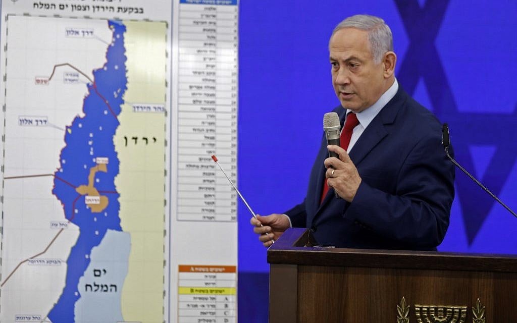 Prime Minister Benjamin Netanyahu speaks before a map of the Jordan Valley, vowing to extend Israeli sovereignty there if reelected, during a speech in Ramat Gan on September 10, 2019. (Menahem Kahana/AFP) Prime Minister Benjamin Netanyahu speaks before a map of the Jordan Valley, vowing to extend Israeli sovereignty there if reelected, during a speech in Ramat Gan on September 10, 2019. (Menahem Kahana/AFP)