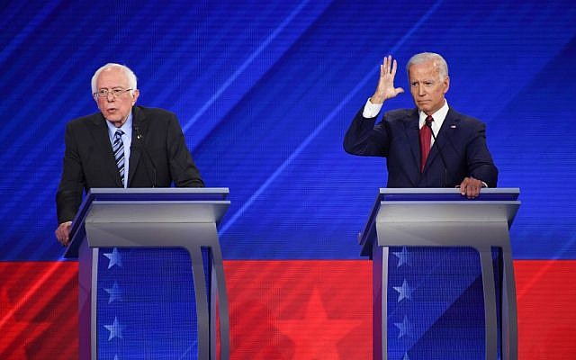 Democratic presidential hopefuls Vermont Senator Bernie Sanders (L) and former vice president Joe Biden (R) speak during the third Democratic primary debate of the 2020 presidential campaign season hosted by ABC News in partnership with Univision at Texas Southern University in Houston, Texas on September 12, 2019. (Robyn Beck/AFP) Democratic presidential hopefuls Vermont Senator Bernie Sanders (L) and former vice president Joe Biden (R) speak during the third Democratic primary debate of the 2020 presidential campaign season hosted by ABC News in partnership with Univision at Texas Southern University in Houston, Texas on September 12, 2019. (Robyn Beck/AFP)