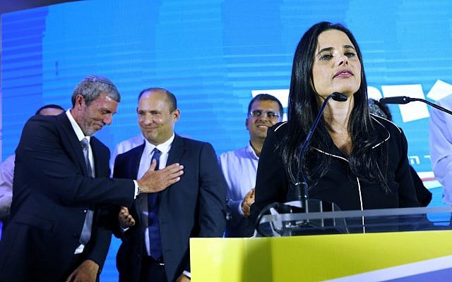Ayelet Shaked (R), leader and candidate of the New Right party that is part of the Yamina alliance, speaks at Yamina headquarters in Ramat Gan on September 17, 2019, as the first exit polls are announced on television. (GIL COHEN-MAGEN / AFP) Ayelet Shaked (R), leader and candidate of the New Right party that is part of the Yamina alliance, speaks at Yamina headquarters in Ramat Gan on September 17, 2019, as the first exit polls are announced on television. (GIL COHEN-MAGEN / AFP)
