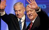 This combination picture created on September 18, 2019 shows, Benny Gantz (R), leader of the Blue and White political alliance, waving to supporters in Tel Aviv early on September 18, 2019, and Prime Minister Benjamin Netanyahu addressing supporters at his Likud party's electoral campaign headquarters in Tel Aviv early on September 18, 2019. (Emmanuel Dunand and Menahem Kahana / AFP)