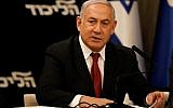 Prime Minister Benjamin Netanyahu speaks during his Likud party meeting in Jerusalem on September 18, 2019.  (Photo by MENAHEM KAHANA / AFP)