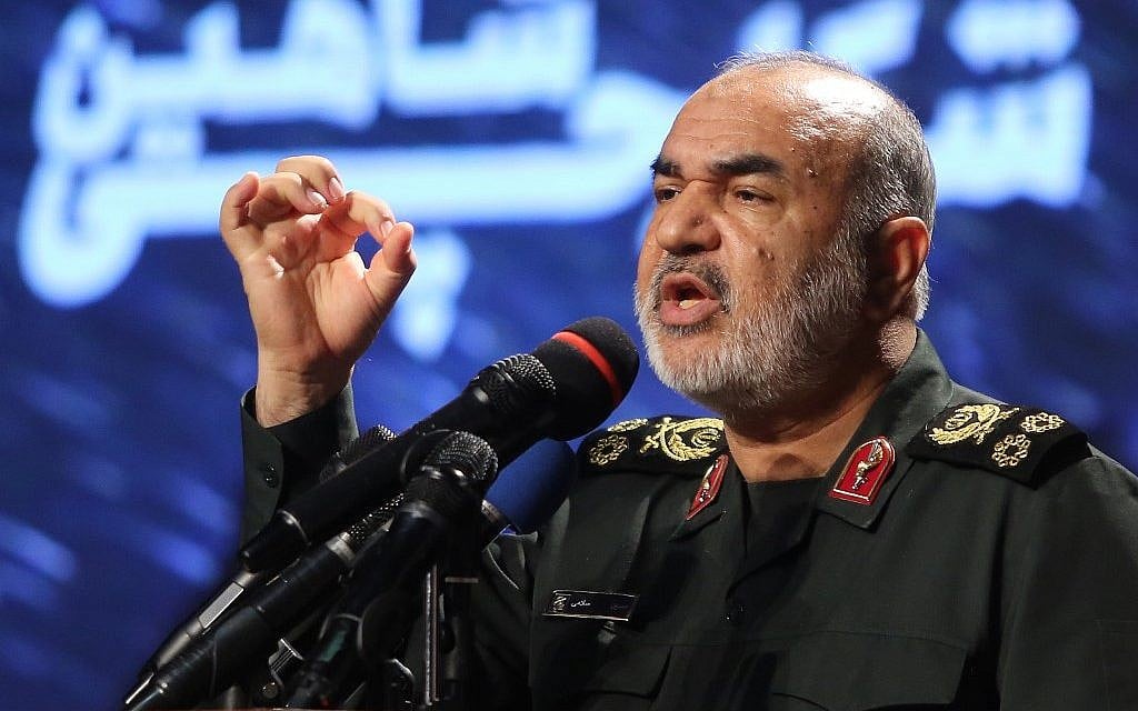 Iranian Revolutionary Guards commander Maj. Gen. Hossein Salami speaks at Tehran's Islamic Revolution and Holy Defense museum, during the unveiling of an exhibition of what Iran says are US and other drones captured in its territory, on September 21, 2019. (Atta Kenare/AFP)