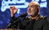 Iranian Revolutionary Guards commander Maj. Gen. Hossein Salami speaks at Tehran's Islamic Revolution and Holy Defense museum, during the unveiling of an exhibition of what Iran says are US and other drones captured in its territory, on September 21, 2019. (Atta Kenare/AFP)