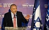 Israeli ex-defense minister Avigdor Liberman speaks to members of his party Yisrael Beytenu, during a meeting in the cooperative Israeli village of Yad Hashmona near Jerusalem on September 22, 2019.  (GIL COHEN-MAGEN / AFP)