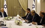 President Reuven Rivlin meets with Joint List members Ayman Odeh (3rd-R), Ahmad Tibi (2nd-R) and Mansour Abbas (R) during consultations on who should be tasked with forming the next government, at the President's Residence in Jerusalem on September 22, 2019. (Menahem Kahana/AFP)