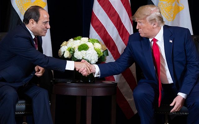 US President Donald Trump shakes hands with Egyptian President Abdel-Fattah el-Sisi during a meeting on the sidelines of the UN General Assembly in New York, September 23, 2019. (Photo by SAUL LOEB / AFP)
