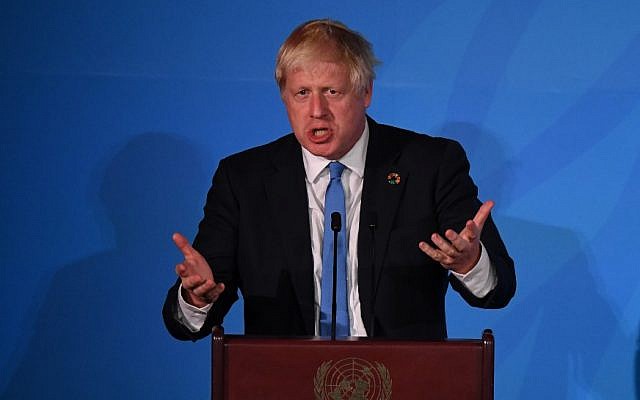 British Prime Minister Boris Johnson speaks at the United Nations General Assembly Hall in New York, September 23, 2019. (TIMOTHY A. CLARY / AFP) British Prime Minister Boris Johnson speaks at the United Nations General Assembly Hall in New York, September 23, 2019. (TIMOTHY A. CLARY / AFP)