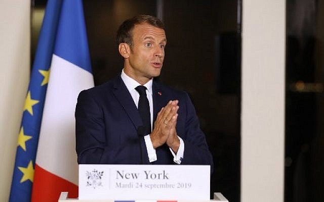 French President Emmanuel Macron speaks during a press conference after the 74th Session of the United Nations General Assembly at the French mission to the United Nations in New York, September 24, 2019. (Photo by Ludovic MARIN / AFP)