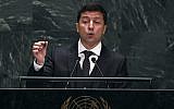 Ukraine President Volodymyr Zelensky speaks during the 74th Session of the United Nations General Assembly on September 25, 2019. (Timothy A. Clark/AFP)