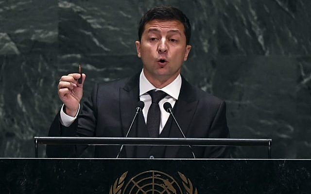 Ukraine President Volodymyr Zelensky speaks during the 74th Session of the United Nations General Assembly on September 25, 2019. (Timothy A. Clark/AFP) Ukraine President Volodymyr Zelensky speaks during the 74th Session of the United Nations General Assembly on September 25, 2019. (Timothy A. Clark/AFP)