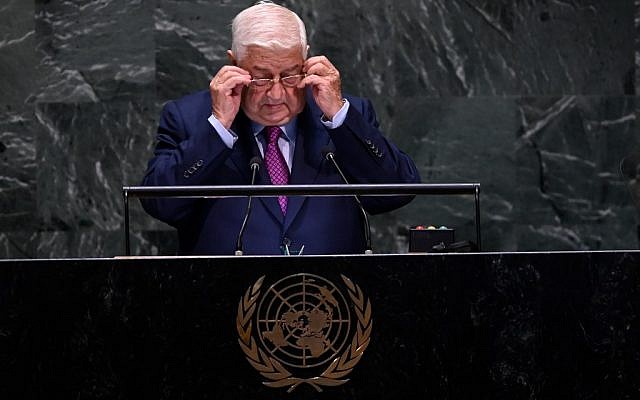 Syria's Foreign Minister Walid al-Moallem speaks at the 74th session of the United Nations General Assembly September 28, 2019, in New York. (Johannes EISELE / AFP) Syria's Foreign Minister Walid al-Moallem speaks at the 74th session of the United Nations General Assembly September 28, 2019, in New York. (Johannes EISELE / AFP)