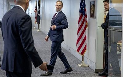 Facebook founder and CEO Mark Zuckerberg (L) and Facebook's Vice President of Global Public Policy, Joel Kaplan (R) leave a meeting with Senator John Cornyn (R-TX) in his office on Capitol Hill on September 19, 2019 in Washington, DC. (Samuel Corum/Getty Images/AFP)
