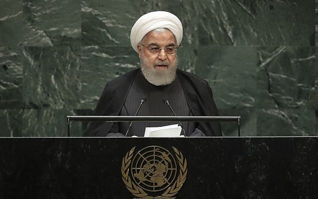 Then-Iranian president Hassan Rouhani addresses the United Nations General Assembly at UN headquarters in New York on September 25, 2019. (Drew Angerer/Getty Images/AFP) Then-Iranian president Hassan Rouhani addresses the United Nations General Assembly at UN headquarters in New York on September 25, 2019. (Drew Angerer/Getty Images/AFP)