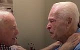 Holocaust survivors Morris Sana and Simon Mairowitz reunite in Tel Aviv 75 years after being separated (Screencapture/People via JTA)