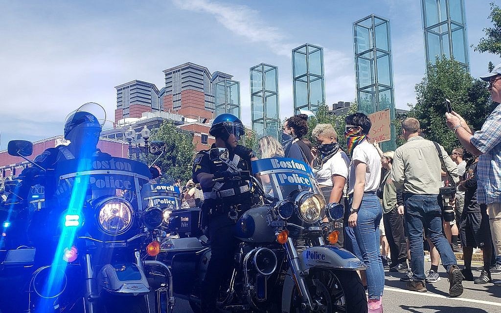 Next to the New England Holocaust Memorial in Boston, Massachusetts, protesters gather against a 'Straight Pride' march held earlier in the day, August 31, 2019 (Matt Lebovic/The Times of Israel) Next to the New England Holocaust Memorial in Boston, Massachusetts, protesters gather against a 'Straight Pride' march held earlier in the day, August 31, 2019 (Matt Lebovic/The Times of Israel)