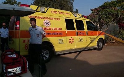 Illustrative: Medics at the scene of a drowning at Kibbutz Yifat in August 2019. (Magen David Adom)