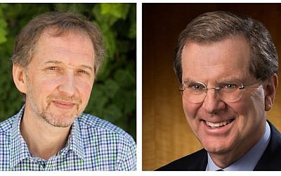 The Times of Israel founding editor David Horovitz (left) and David Harris, executive director of the American Jewish Committee. (courtesy)