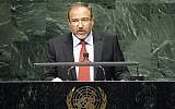 Then-deputy prime minister and foreign minister Avigdor Liberman speaking at the general debate of the sixty-fifth session of the UN General Assembly, September 28, 2010 (courtesy UN)