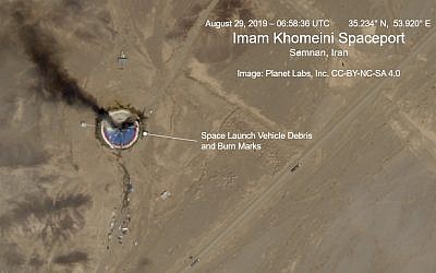 This satellite image from Planet Labs Inc., that has been annotated by experts at the James Martin Center for Nonproliferation Studies at Middlebury Institute of International Studies, shows a fire at a rocket launch pad at the Imam Khomeini Space Center in Iran's Semnan province, August 29, 2019. (Planet Labs Inc, Middlebury Institute of International Studies via AP)