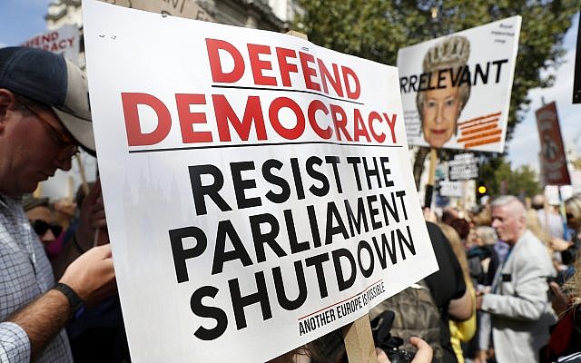 Anti Brexit protesters from 'Stop the Coup' movement demonstrate outside Downing Street in London, August 31, 2019 (AP Photo/Alastair Grant) Anti Brexit protesters from 'Stop the Coup' movement demonstrate outside Downing Street in London, August 31, 2019 (AP Photo/Alastair Grant)