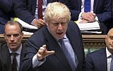 In this image taken from video, Britain's Prime Minister Boris Johnson speaks during Prime Minister's Questions in the House of Commons, London, Wednesday Sept. 4, 2019. (House of Commons via PA via AP)