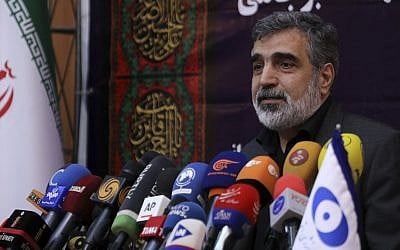 In this photo released by the Atomic Energy Organization of Iran, spokesman of the organization Behrouz Kamalvandi speaks in a news briefing in Tehran, Iran, Saturday, Sept. 7, 2019 (Atomic Energy Organization of Iran via AP)