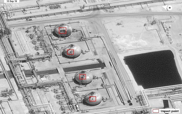 This image provided on Sunday, Sept. 15, 2019, by the US government and DigitalGlobe and annotated by the source, shows damage to the infrastructure at Saudi Aramco's Abaqaiq oil processing facility in Buqyaq, Saudi Arabia. The drone attack Saturday on Saudi Arabia's Abqaiq plant and its Khurais oil field led to the interruption of an estimated 5.7 million barrels of the kingdom's crude oil production per day, equivalent to more than 5% of the world's daily supply. (U.S. government/Digital Globe via AP) This image provided on Sunday, Sept. 15, 2019, by the US government and DigitalGlobe and annotated by the source, shows damage to the infrastructure at Saudi Aramco's Abaqaiq oil processing facility in Buqyaq, Saudi Arabia. The drone attack Saturday on Saudi Arabia's Abqaiq plant and its Khurais oil field led to the interruption of an estimated 5.7 million barrels of the kingdom's crude oil production per day, equivalent to more than 5% of the world's daily supply. (U.S. government/Digital Globe via AP)