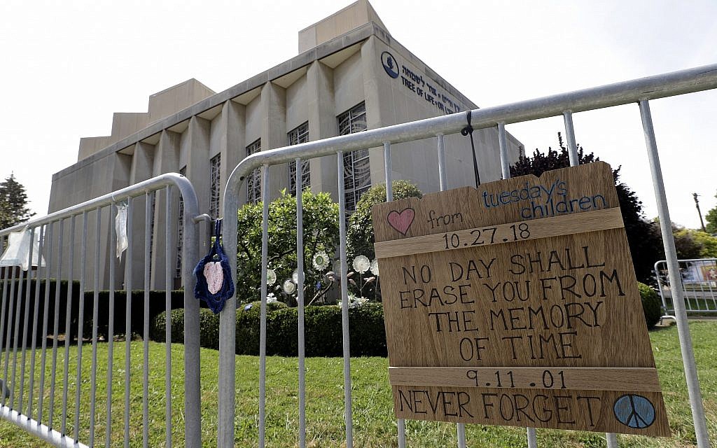 A sign hangs on a fence surrounding the Tree of Life synagogue in Pittsburgh on September 17, 2019. (AP Photo/Gene J. Puskar) A sign hangs on a fence surrounding the Tree of Life synagogue in Pittsburgh on September 17, 2019. (AP Photo/Gene J. Puskar)