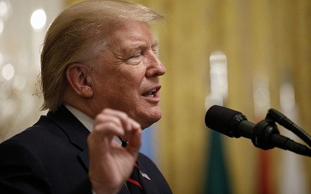 US President Donald Trump speaks at the Hispanic Heritage Month Reception in the East Room of the White House in Washington, Friday, Sept. 27, 2019. (AP Photo/Carolyn Kaster) US President Donald Trump speaks at the Hispanic Heritage Month Reception in the East Room of the White House in Washington, Friday, Sept. 27, 2019. (AP Photo/Carolyn Kaster)