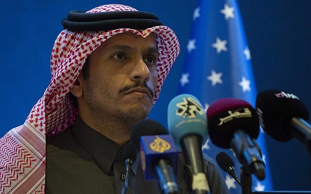 Qatari Foreign Minister Sheikh Mohammed bin Abdulrahman al-Thani at a joint press conference with US Secretary of State Mike Pompeo in Doha, Qatar, January 13, 2019. (Andrew Caballero-Reynolds/Pool via AP) Qatari Foreign Minister Sheikh Mohammed bin Abdulrahman al-Thani at a joint press conference with US Secretary of State Mike Pompeo in Doha, Qatar, January 13, 2019. (Andrew Caballero-Reynolds/Pool via AP)