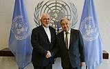 Iranian Foreign Minister Mohammad Javad Zarif, left, shakes hands with UN Secretary General Antonio Guterres at United Nations headquarters July 18, 2019. (AP Photo/Frank Franklin II)