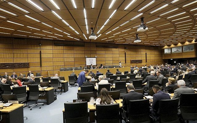 Illustrative: General view of the board of governors meeting of the International Atomic Energy Agency, IAEA, at the International Center in Vienna, Austria, August 1, 2019. (Ronald Zak/AP) Illustrative: General view of the board of governors meeting of the International Atomic Energy Agency, IAEA, at the International Center in Vienna, Austria, August 1, 2019. (Ronald Zak/AP)