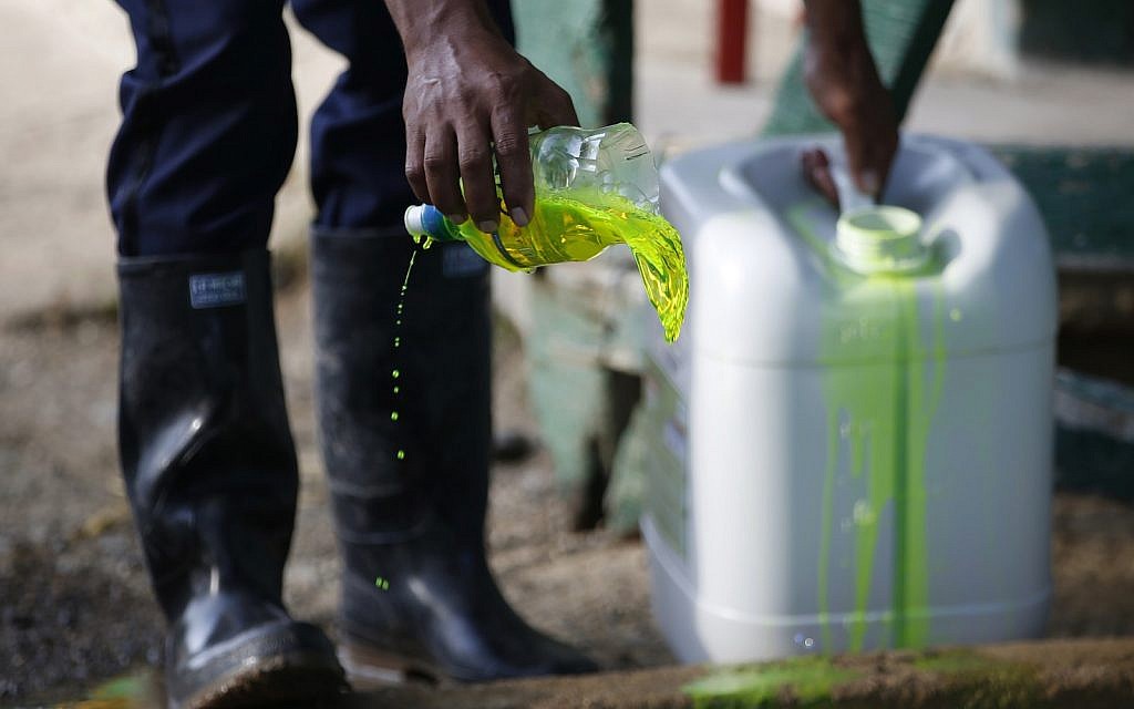 A security guard applies chemicals to a basin for use in decontaminating boots, as part of sanitary controls at the entrance of a quarantined banana plantation near Riohacha, Colombia,  August 23, 2019. (AP Photo/Fernando Vergara)